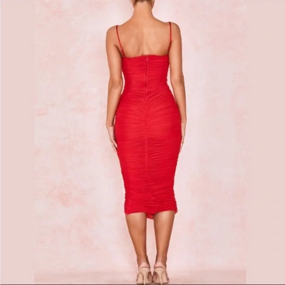 Sold! House of CB London Sirene Bodycon Gathered Organza Dress Red Size M - Picture 2 of 5